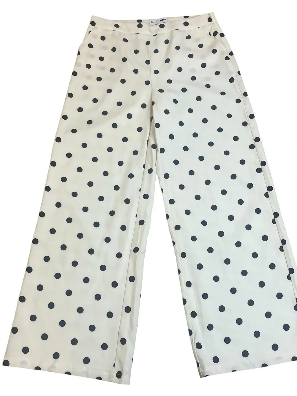 Fashion Nova White Wide-Leg Trouser Pants with Black Polka Dots Sz L